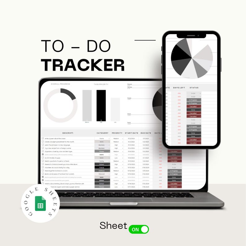 Aufgaben-Tracker-Tabelle, Google Sheets, To-Do-Listen-Vorlage, Aufgabenmanagement-Dashboard, Tages-, Wochen- und Monatsplaner, Produktivitätsorganisator Bild 2