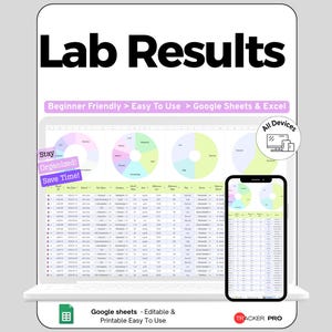 May include: A digital lab results tracker template for Google Sheets and Excel, featuring a laptop and smartphone display with colorful pie charts and data tables. Text includes Lab Results, Beginner Friendly, Stay Organized, and Tracker Pro.