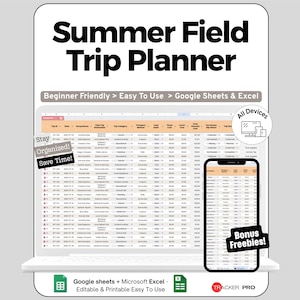 Può includere: Un pianificatore digitale di gite estive visualizzato su un laptop e uno smartphone. Il pianificatore è progettato per Google Sheets ed Excel, con il testo "Beginner Friendly > Easy To Use > Google Sheets & Excel". L'immagine include il testo "Stay Organized! Save Time!"