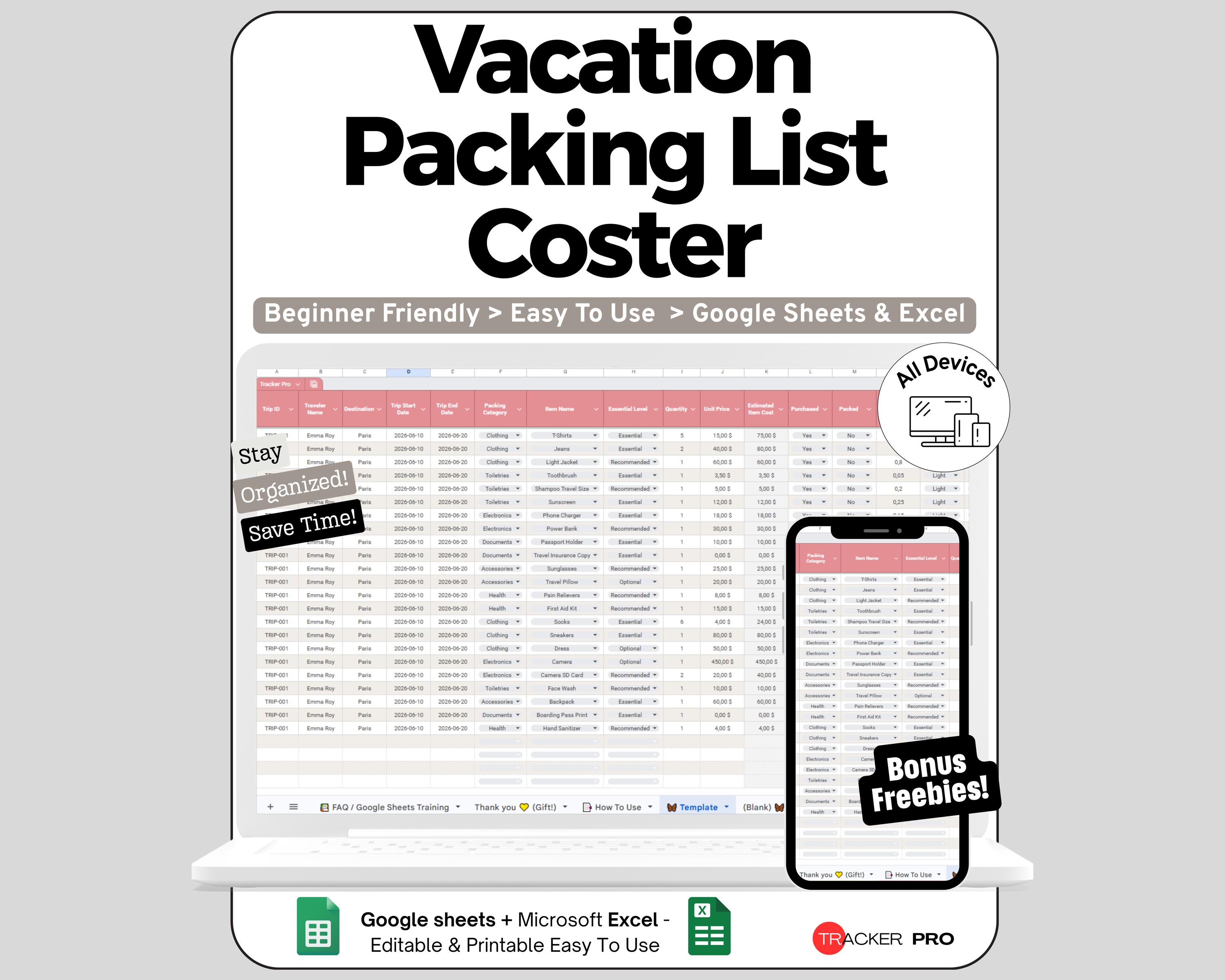 Packing Planner Spreadsheet for Google Sheets and Excel Travel Tracking ...