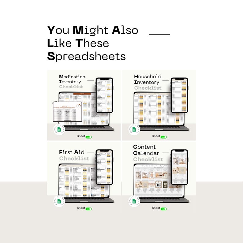 Puede incluir: Imagen que presenta cuatro hojas de c&aacute;lculo digitales que se muestran en computadoras port&aacute;tiles y tel&eacute;fonos inteligentes. Las hojas de c&aacute;lculo est&aacute;n etiquetadas como "Medication Inventory Checklist", "Household Inventory Checklist", "First Aid Checklist" y "Content Calendar Checklist". El texto "You Might Also Like These Spreadsheets" est&aacute; en la parte superior.