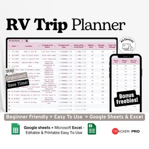 RV Trip Planner Google Excel, Road Trip Route Log, RV Campground Budget Sheet, RV Packing Checklist Template Google Sheets