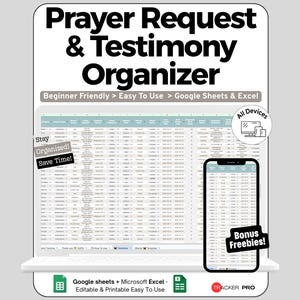 Peut inclure: Un modèle numérique Prayer Request & Testimony Organizer pour Google Sheets et Excel. L'affichage présente une interface de feuille de calcul sur un écran d'ordinateur portable et de smartphone avec des étiquettes Beginner Friendly, Stay Organized et Bonus Freebies.