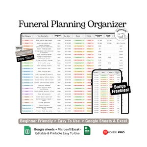 Plantilla de Hojas de Cálculo de Google para la Planificación Funeraria (Presupuesto, Lista de Servicios, Lista de Invitados y Hoja de Cálculo para la Planificación Conmemorativa)
