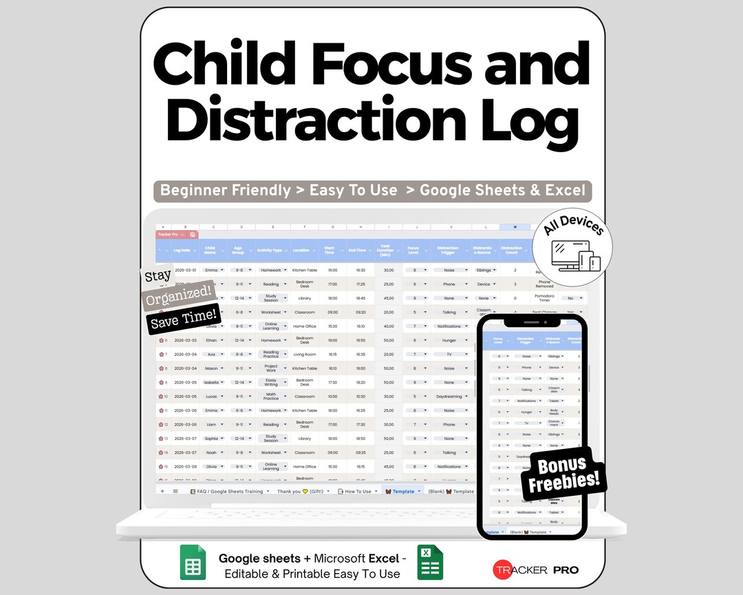 Focus Tracker Spreadsheet for Google Sheets and Excel Homework ...