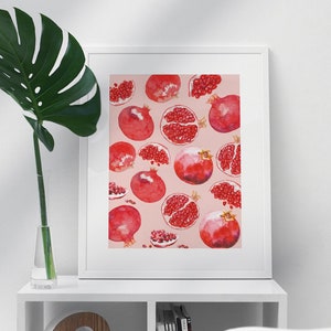 Pomegranate Art Watercolor Painting, Preppy Printable Wall Art, Dorm Decor for College Girls, Danish Pastel Maximalist Quirky Room Decor