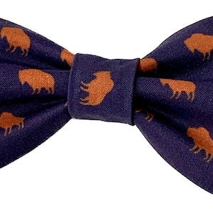 May include: A purple bow tie with a brown buffalo pattern.