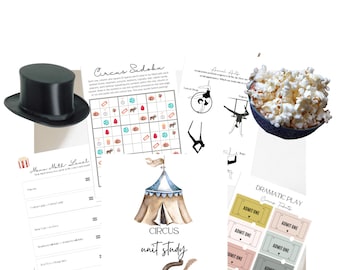 May include: A printable circus unit study with a watercolor illustration of a circus tent, an elephant, and a cupcake. The printable includes a circus sudoku puzzle, a menu math worksheet, and a dramatic play activity with circus tickets.