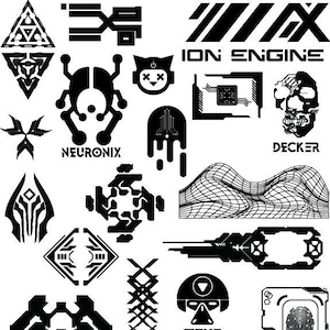 May include: A collection of black and white graphic designs featuring geometric shapes, abstract patterns, and text. The designs include "Scepter Forge Design", "Neuronix", "Ion Engine", "Decker", "Fidua", and "High Voltage".