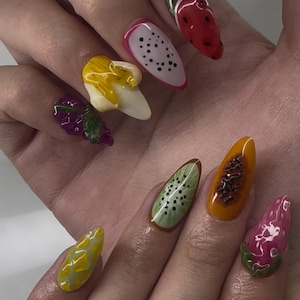 Juicy Fruit Press-On Nail Set | Handcrafted 3D Fruit Nail Art | Reusable Handmade Nails