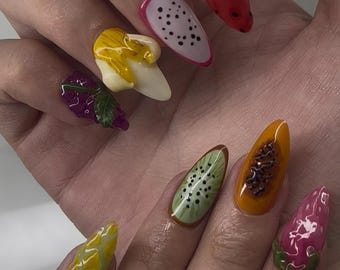 Juicy Fruit Press-On Nail Set | Handcrafted 3D Fruit Nail Art | Reusable Handmade Nails