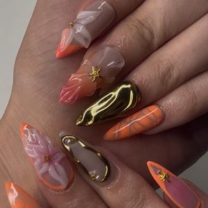 Summer Vacation Press On Nails | Orange Tropical Nails | Handmade Press On Nails |