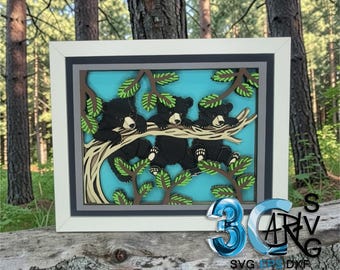 3 Bear Cubs on Branch 3D Shadow Box Digital Download for Cricut for Silhouette