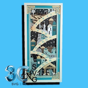 Può includere: Un calendario dell'Avvento a strati e incorniciato con un tema del presepe. Il design presenta un percorso a spirale con giorni numerati, che conduce a una raffigurazione della Natività. La tavolozza dei colori include verde acqua, marrone e bianco, con un cielo stellato.