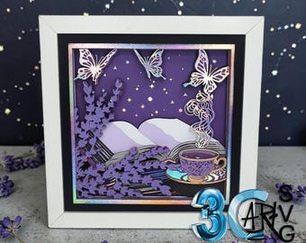 Lavender Book Shadow Box SVG: Starlit Stories, Tea Cup, Butterflies (Digital Download)