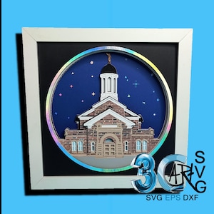 May include: A framed paper cut art piece depicting a church building with a white steeple and brick facade, set against a starry blue background. The artwork is framed in a white frame with a holographic border. The image includes the text "3D SVG" and "SVG EPS DXF".