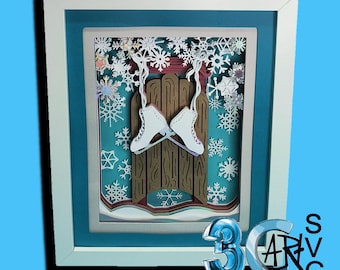 Sled with Ice Skates and Snowflakes 3D Shadow Box