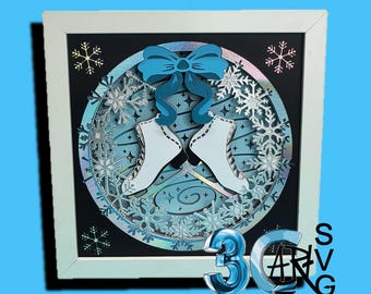 Ice Skate Wreath and Snowflakes 3D Shadow Box