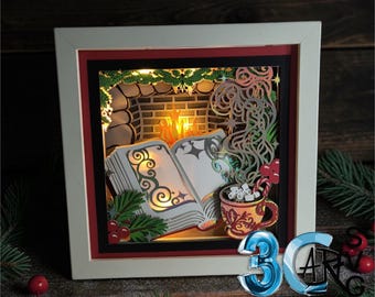 3D Magical Christmas Story Shadow Box SVG, Digital Download, Hot Cocoa, Fireplace