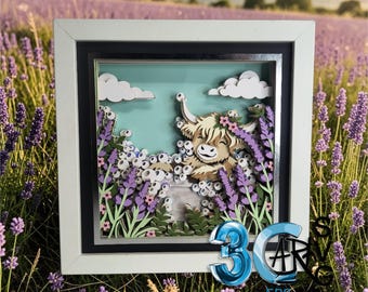 3D Highland Cow in Spring Floral Bathtub Shadow Box Digital Download Fall Wall Art