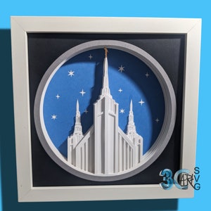 Peut inclure: Un modèle de temple en papier blanc avec une flèche dorée, sur un fond bleu avec des étoiles blanches. Le modèle est encadré dans un cadre blanc avec un passe-partout noir.