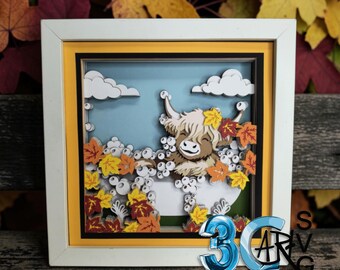 3D Highland Cow in Fall Bathtub Shadow Box Digital Download Fall Wall Art