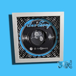 Puede incluir: Una imagen enmarcada en blanco con un diseño de disco negro y blanco. El disco tiene un borde azul y una foto de una pareja en el centro. El texto "Our Song" está escrito en azul en el disco.