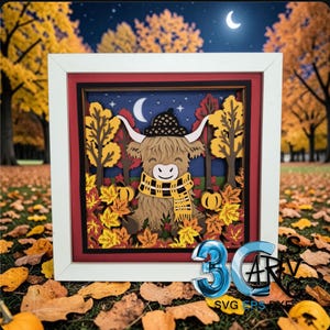 May include: A layered paper shadow box art piece featuring a Highland cow wearing a black acorn hat and a yellow plaid scarf. The scene includes autumn trees, orange pumpkins, and fallen leaves against a dark blue night sky with a crescent moon.