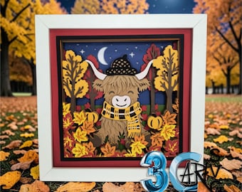 3D Highland Cow in Fall at Night Shadow Box