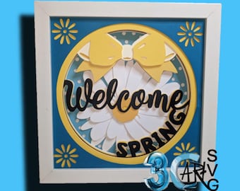 Welcome Spring 3D Square Shadow Box and Bottle Cap Circle