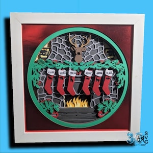 3D Rustic Fireplace with Stockings Shadow Box