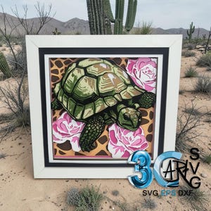 May include: A square framed artwork featuring a multi-layered paper cutout of a green tortoise surrounded by pink roses against a brown and tan leopard print background. The white frame has a black inner border, and the text 3D ART SVG DXF is visible.