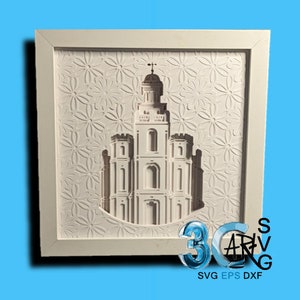 Caja de sombras 3D Mandala con vista frontal del templo de Logan, Utah