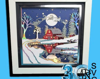 3D Christmas Night on the Farm Shadow Box