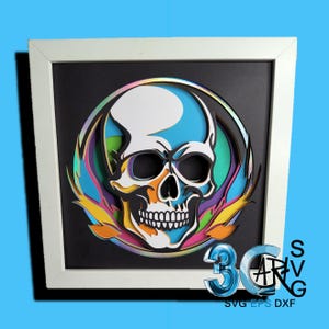 May include: A white skull with black eye sockets and a colourful background. The skull is surrounded by a circle of layered paper in shades of blue, green, orange, and pink.