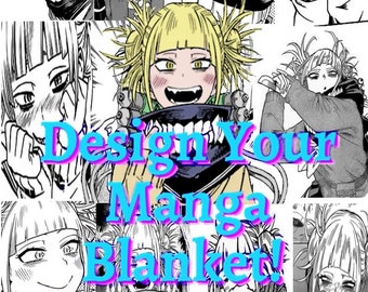 May include: A collage of images featuring a character from a manga series. The character has blonde hair with two pigtails and is wearing a black mask with a large smile. The text "Design Your Manga Blanket!" is superimposed on the images.