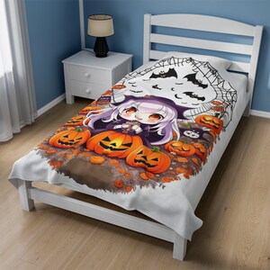 Custom Anime Manga Videogame Gamer Cute Kawaii Chibi Witch Girl Pumpkin Bats Spider Webs Halloween Art Home Decor Velveteen Plush Blanket