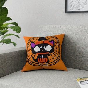 Custom Anime Manga Videogame Gamer Cute Kawaii Black Cat Neko Witch Hat Halloween Pumpkin Samhain Cartoon Broadcloth Pillow