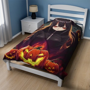 Custom Anime Manga Videogame Gamer Cute Kawaii Spooky Halloween Pumpkin Horror Samhain Girl Art Home Decor Velveteen Plush Blanket Gift
