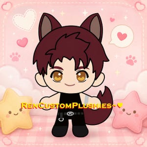 May include: A plush doll with dark maroon hair and matching wolf ears, wearing a black sleeveless top and black trousers with a belt. The doll has amber eyes and a dark maroon tail. The text RENCUSTOMPLUSHIES~ is printed across the doll's torso.