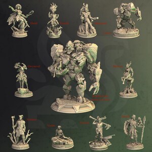 Könnte beinhalten: Eine Sammlung von 11 Miniaturfiguren, die in einem Grau- und Braunton bemalt sind. Die Figuren stellen verschiedene Charaktere dar, darunter eine baumartige Kreatur, eine humanoide Figur mit einem großen Kopf und eine Kreatur mit Geweih. Die Figuren werden auf runden Sockeln präsentiert.