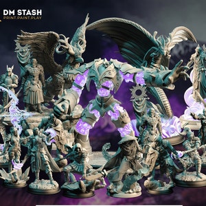 May include: A collection of 3D printed miniature figures, including a dragon, a knight, a griffin, and other fantasy creatures. The figures are painted in a gray color and are arranged on a dark background. DM STASH PRINT.PAINT.PLAY is printed on the top left corner of the image.