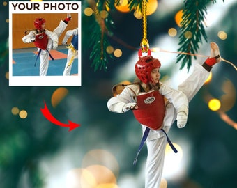 Adorno fotográfico de jugador de karate personalizado, adorno de Navidad, adorno de karate, colgador de árbol de Navidad, regalo para jugador de karate, adorno de karate