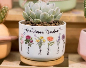 Pot de fleur personnalisé pour le mois de naissance, cadeau fête des mères, cadeau pour grand-mère, jardin de grand-mère, pot de fleur d'extérieur, mini pot de fleur