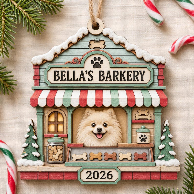 May include: A wooden Christmas ornament shaped like a shop titled BELLA'S BARKERY, featuring a cream-colored dog in the center, a striped awning, bone-shaped decorations, two small green trees, and the year 2026 printed at the bottom.