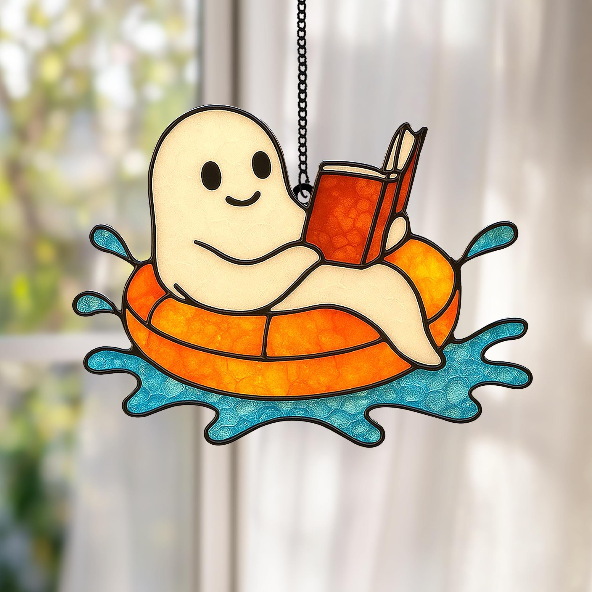Cute Ghost Reading in Pool Acrylic 2D Ornament, Acrylic Window Hanging for Spooky Bathroom Decor, Book Lovers, Ghost and Book, Wavy Ornament