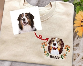 Custom Dog Face Embroidered Sweatshirt, Personalized Cat Photo Hoodie, Pet Portrait T-Shirt, Embroidery Sweater, Gift for Pet Lovers