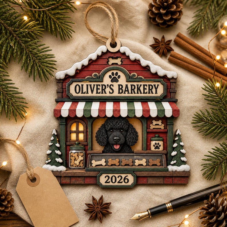 May include: A wooden hanging ornament shaped like a shop front with the text OLIVER'S BARKERY and 2026. The design features a black poodle, a red and green striped awning, a jar of bone-shaped treats, and snow-dusted accents on the roof and trees.
