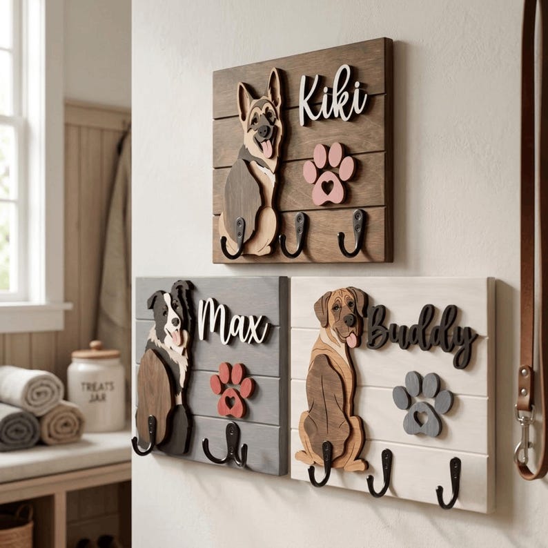 May include: Three rectangular wooden wall-mounted organizers featuring layered dog silhouettes, paw prints, and names. The top sign is brown with Kiki, the bottom left is gray with Max, and the bottom right is white with Buddy. Each has three black hooks.
