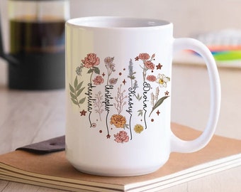 Geboortemaand bloemenmok, moeders tuinmok met kindernamen, aangepaste geboortemaand bloemenmok met kindernamen, familienaam aquarel bloemen cadeau